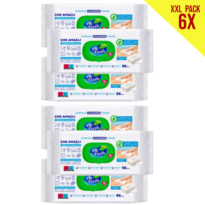 Pachet promo 6 X Servetele umede multisuprafete AK Fresh sapun alb si bicarbonat 96 buc